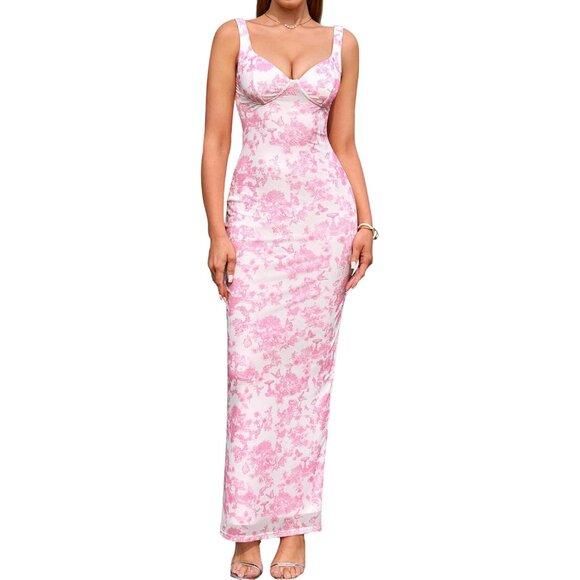 Dresses & Skirts - Women Floral Maxi Dress V Neck Halter Sleeveless Casual Elegant Long Dress